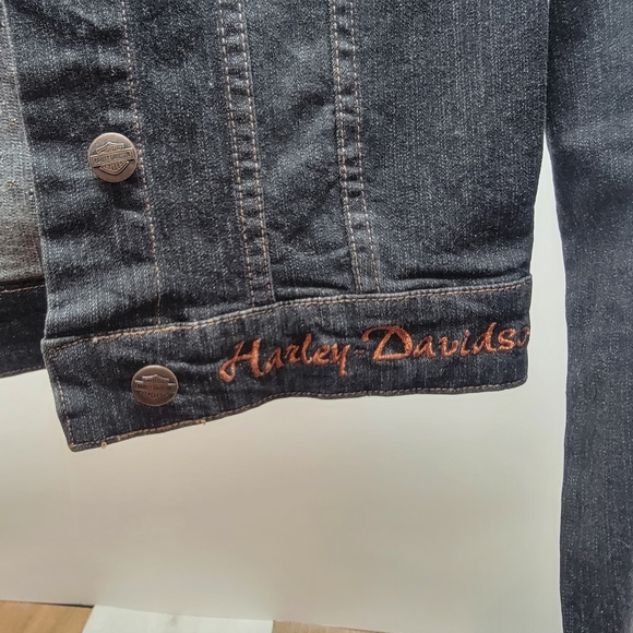 Women's Small Black Denim Cropped Harley Davidson Jacket Button Up - Picture 3 of 4
